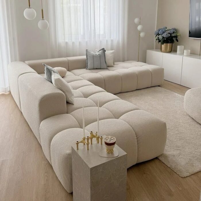 Puplys – Salon d’Angle en L avec Pouf en Tissu Bouclette